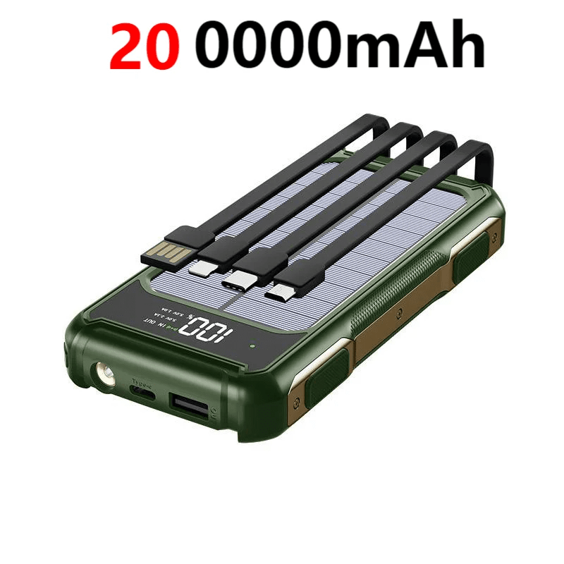 200000mAh Solar Power Bank — 4-in-1 Built-in Cables, Fast Charge, Digital Display & LED Emergency Light - GJB PRODUCTS