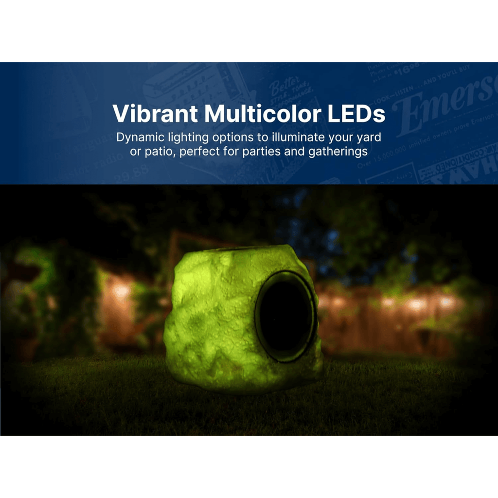 Emerson: 5.25” Rock Party 10W Solar or USB Powered Multicolor LED Bluetooth(5.0) Outdoor High - Quality Rock Speaker - GJB PRODUCTS