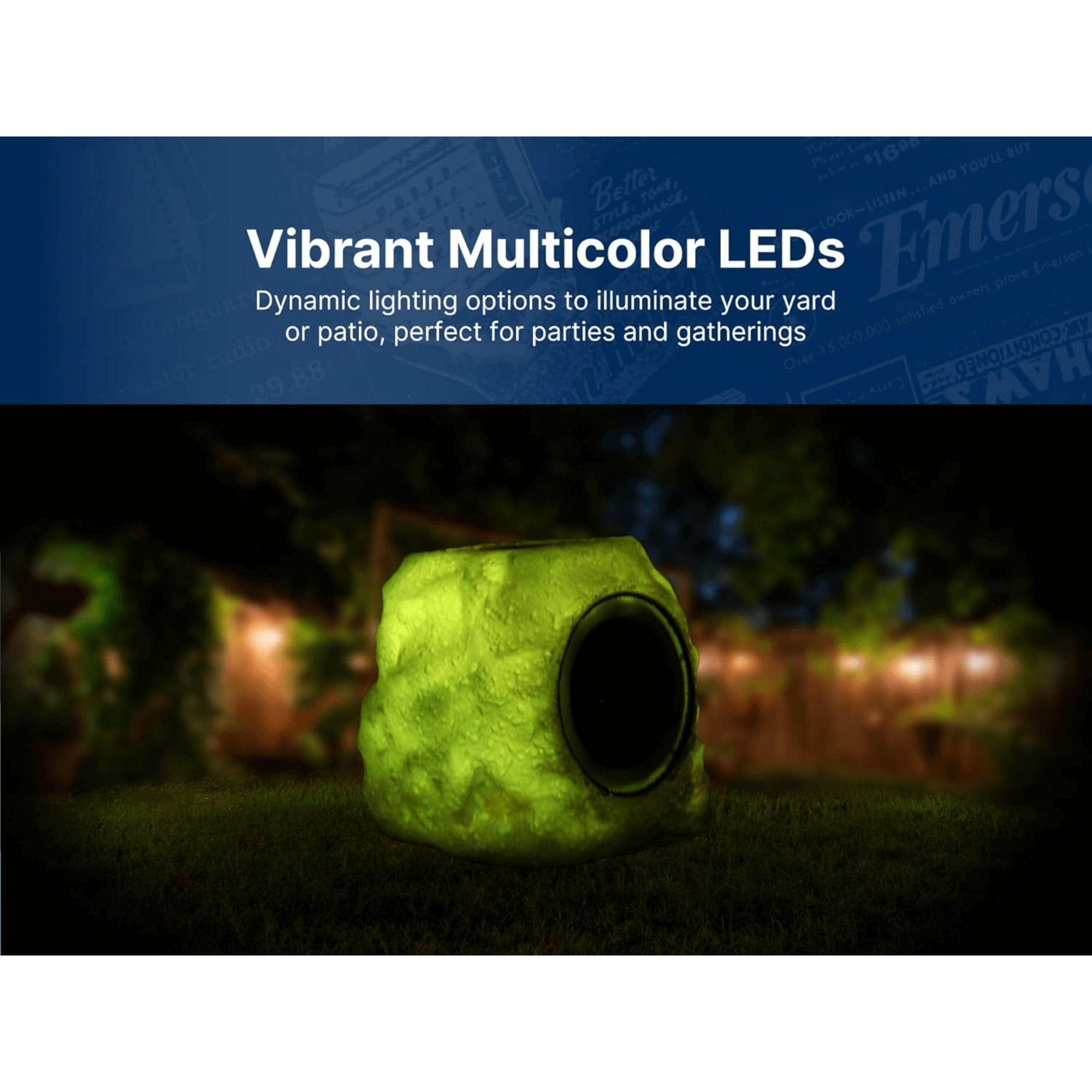 Emerson: 5.25” Rock Party 10W Solar or USB Powered Multicolor LED Bluetooth(5.0) Outdoor High - Quality Rock Speaker - GJB PRODUCTS