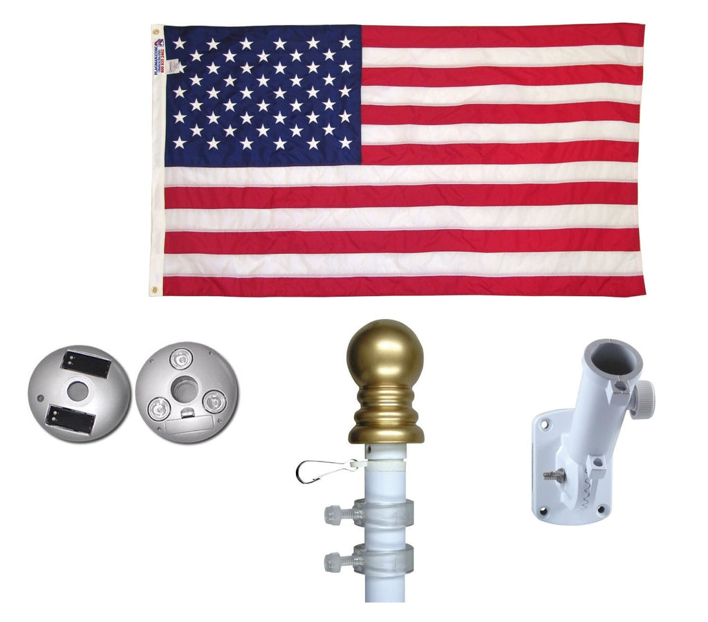 Illuminated Non Tangle 6’ Flagpole Kit w/ Flag, Adjustable Bracket, Aluminum Pole & Solar Light & 3”x5” Flag - GJB PRODUCTS