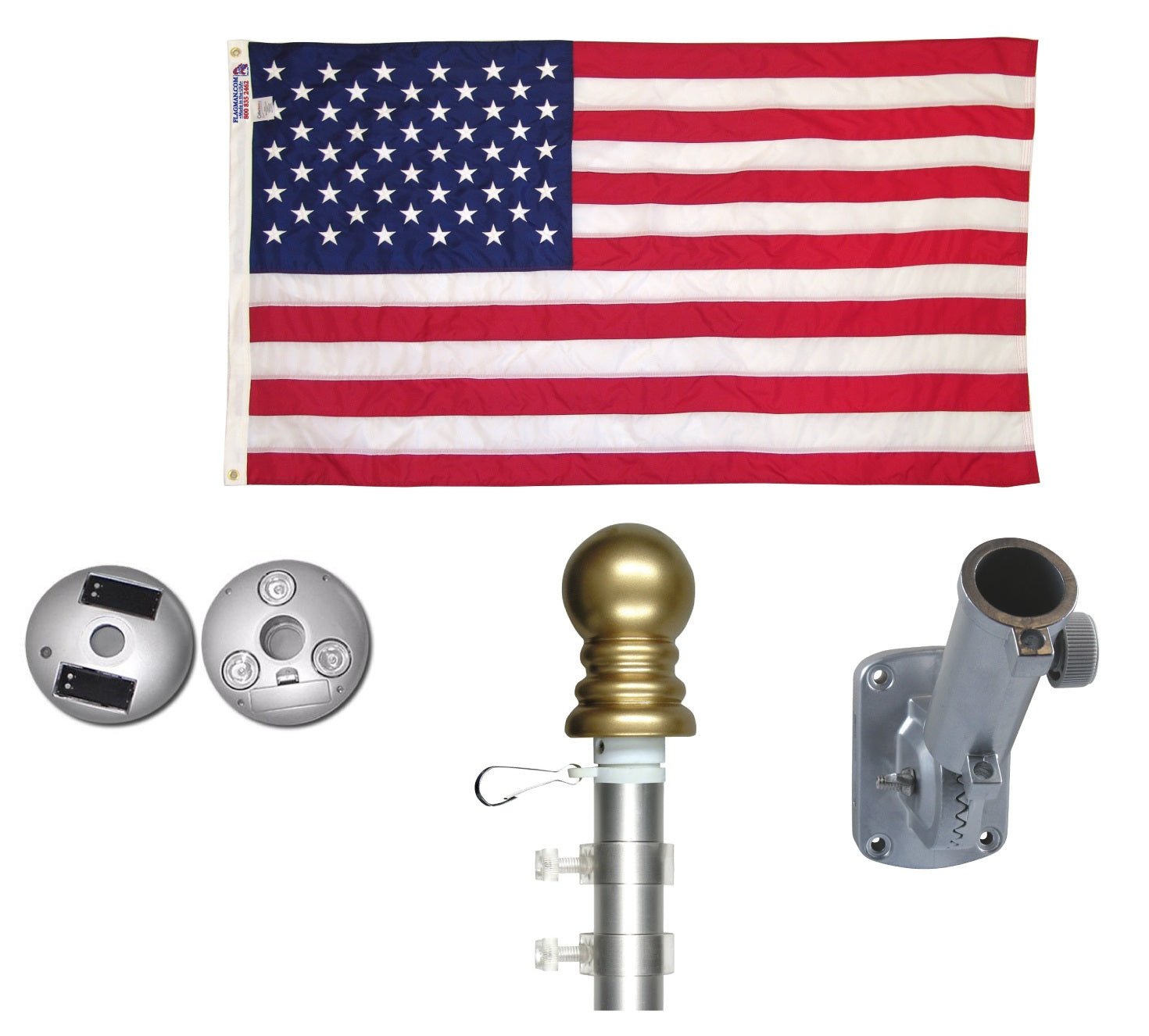 Illuminated Non Tangle 6’ Flagpole Kit w/ Flag, Adjustable Bracket, Aluminum Pole & Solar Light & 3”x5” Flag - GJB PRODUCTS
