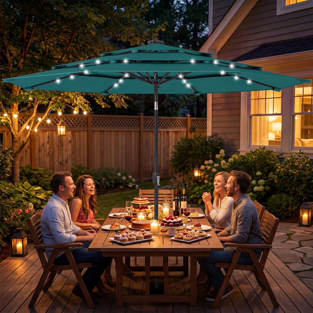 Outsunny: 3 Tier(Teal) Solar Powered Patio Umbrella with 32 - LED Lights with Hand Crank and Tilt - GJB PRODUCTS