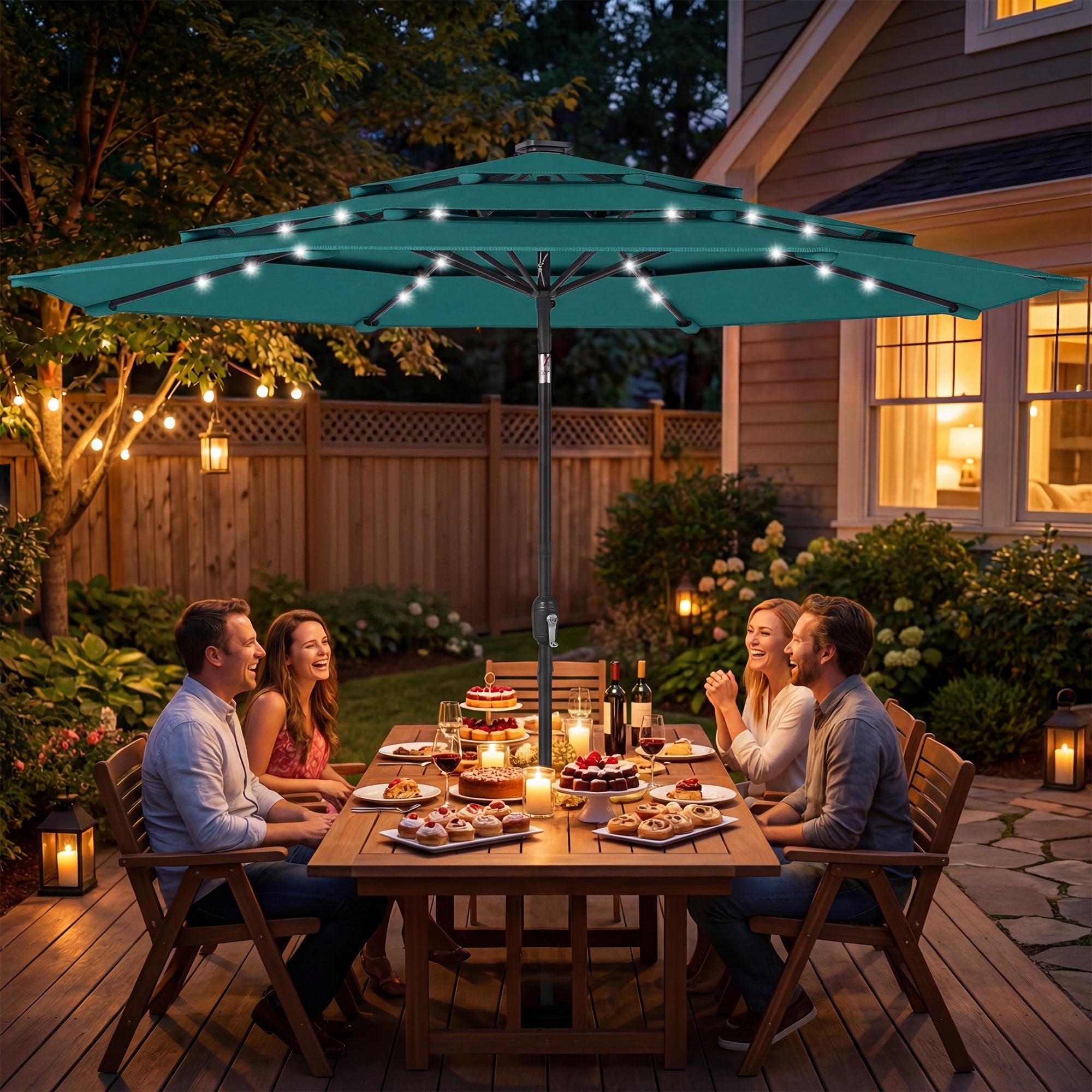 Outsunny: 3 Tier(Teal) Solar Powered Patio Umbrella with 32 - LED Lights with Hand Crank and Tilt - GJB PRODUCTS