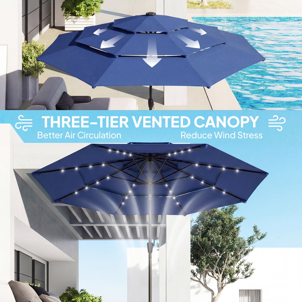 Outsunny: 9.7 ft (Navy Blue) 3 - Tier Solar Powered Patio Umbrella with 32 - LED Lights with Hand Crank and Tilt - GJB PRODUCTS