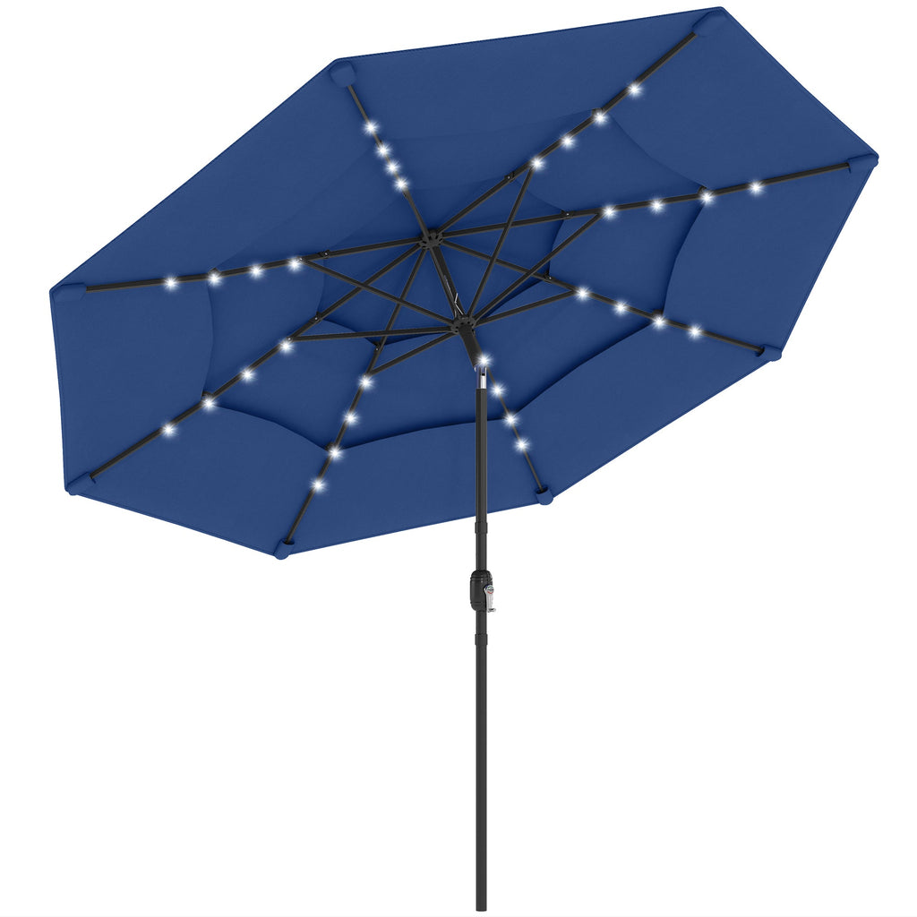 Outsunny: 9.7 ft (Navy Blue) 3 - Tier Solar Powered Patio Umbrella with 32 - LED Lights with Hand Crank and Tilt - GJB PRODUCTS