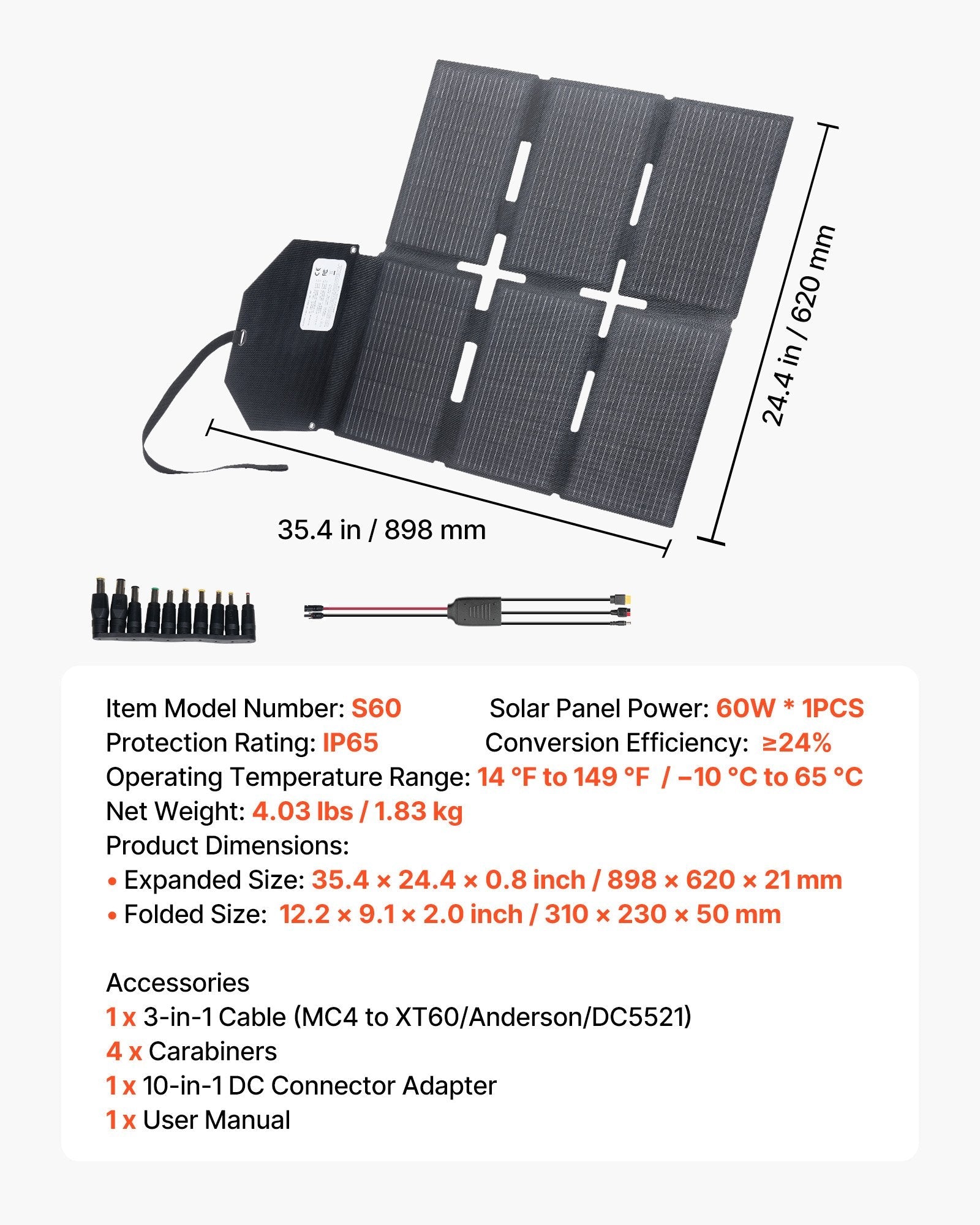 VEVOR: 60W Lightweight Portable & Foldable Solar Panel Charger, 16BB N - Type Monocrystalline Solar Panel 24% Efficiency With MC4 Output, Type - C, USB - A & DC Ports For Power Stations - GJB PRODUCTS
